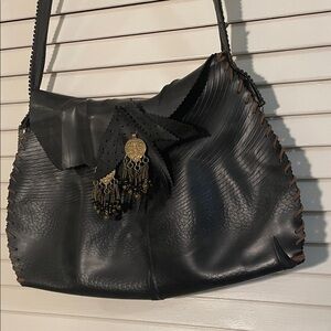 OOAK Black Up Cycled Rubber Handmade Brass Hardware Tassels Woven Shoulder Bag